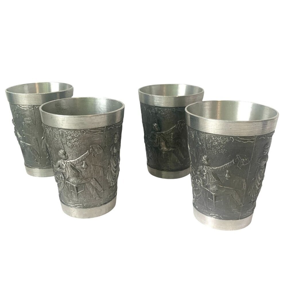 4 German Pewter Cups Glasses Cordial Liqueur Frieling Zin Raised Relief Vintage